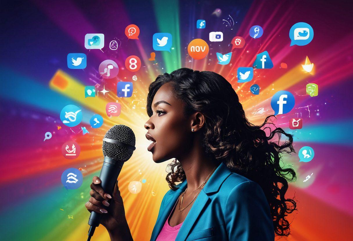 A dynamic collage of a person passionately speaking into a microphone, surrounded by vibrant digital icons representing social media platforms, megaphones, and sound waves. The background features a colorful gradient to symbolize digital space, with ethereal light beams illuminating the scene, enhancing the feel of elevation and empowerment. super-realistic. vibrant colors. 3D.