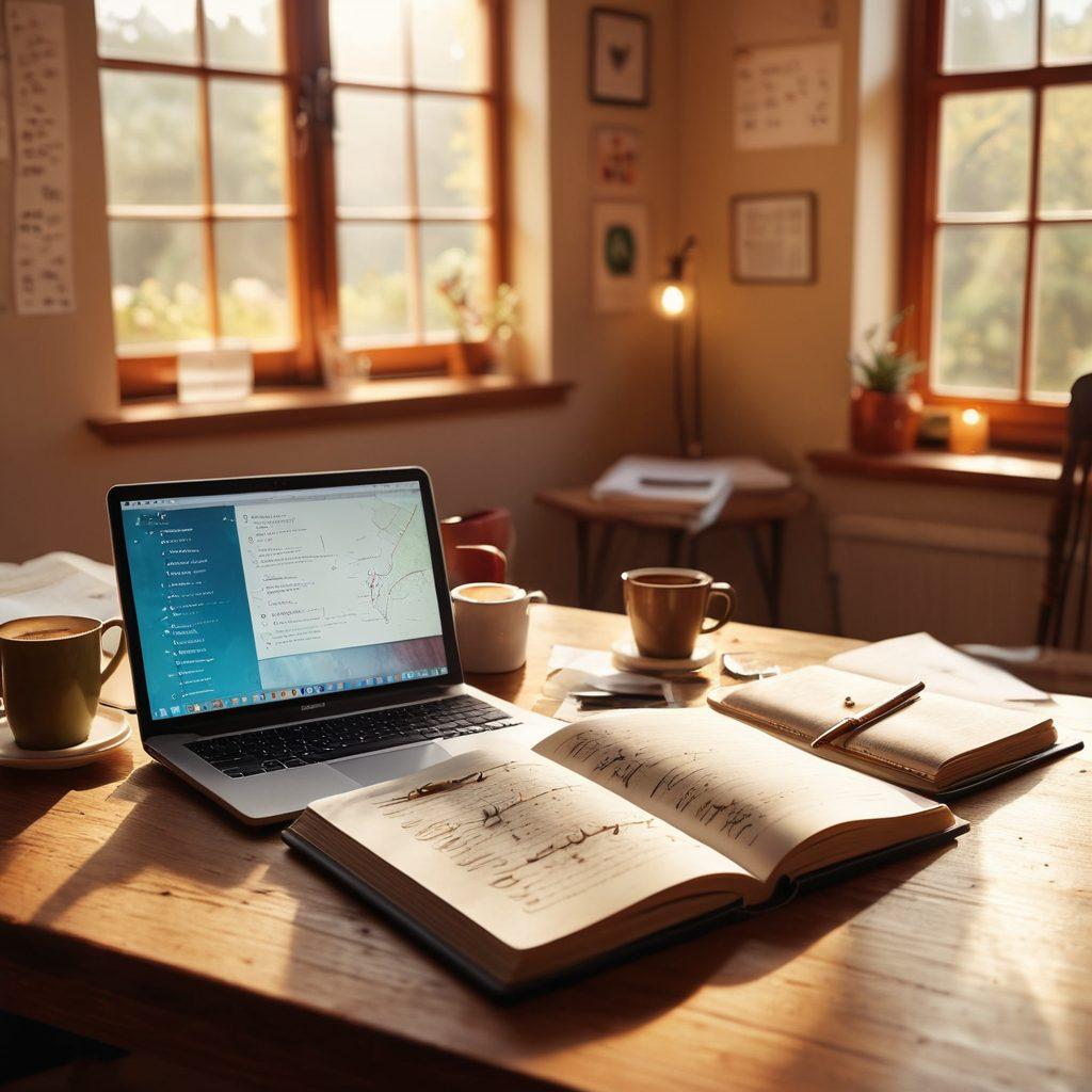 A cozy workspace featuring an open journal filled with handwritten notes, a steaming cup of coffee beside it, and a glowing laptop screen displaying a connection map of emotional symbols and words. The background shows a warm, inviting room with sunlight streaming in, enhancing a sense of creativity and connection. super-realistic. vibrant colors. soft focus.