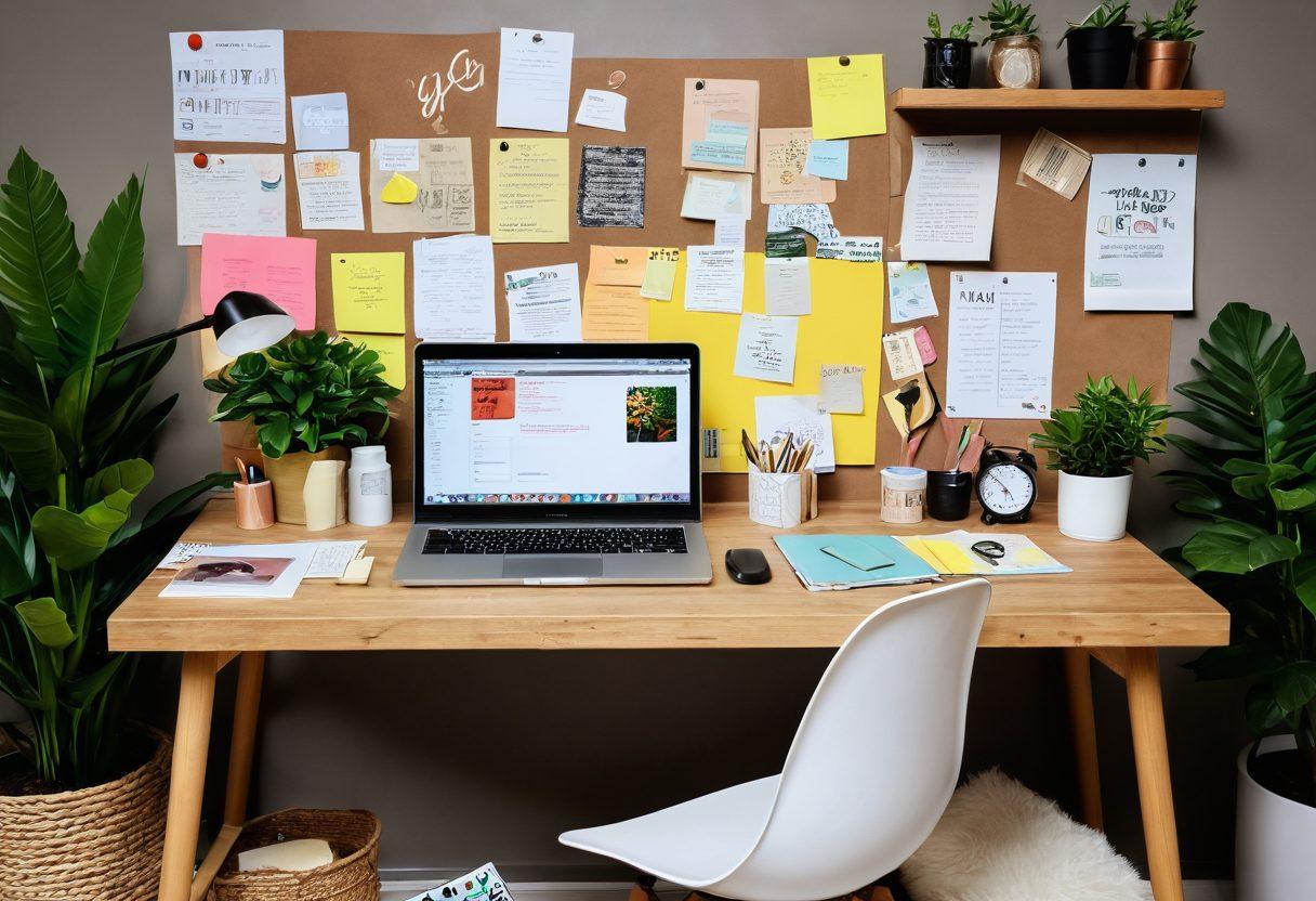 A creative workspace featuring a stylish desk with a laptop displaying a personal blog. Surrounding the desk are mood boards with colorful post-it notes, inspirational quotes, and digital art. A plant adds a touch of life, while tools for writing and graphic design are scattered around. A soft light illuminates the scene, suggesting warmth and creativity. Include a cozy atmosphere, with a hint of personal style evident in decor. super-realistic. vibrant colors. cozy ambiance.